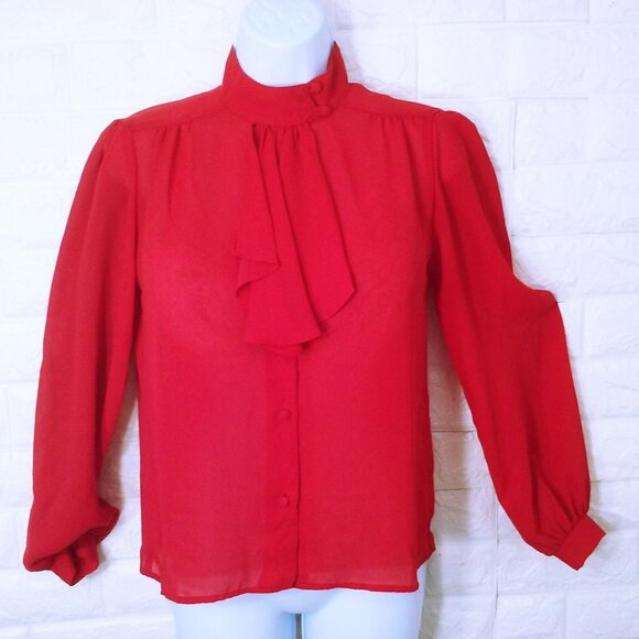 Vintage 80s Mariel High-Neck Cravat Blouse Top (6) Semi-Sheer Polyester Crepe - Picture 1 of 12